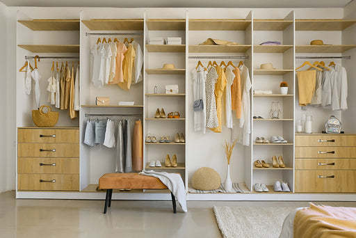 a beautifully organized closet space with hanging clothes and shoes on shelves