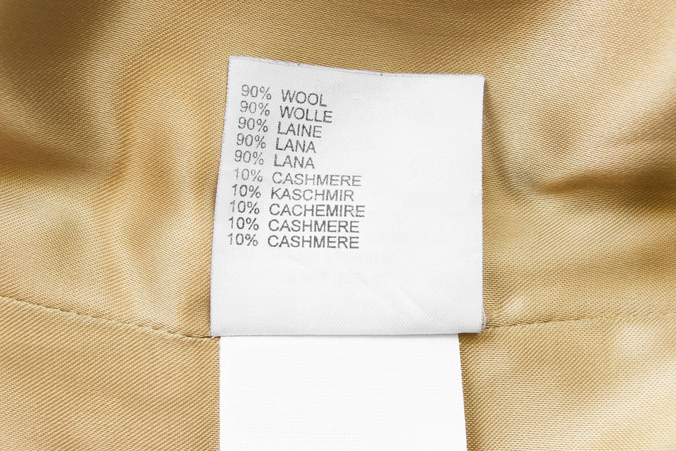 a fabric showing a label that says 90% wool and 10% cashmere