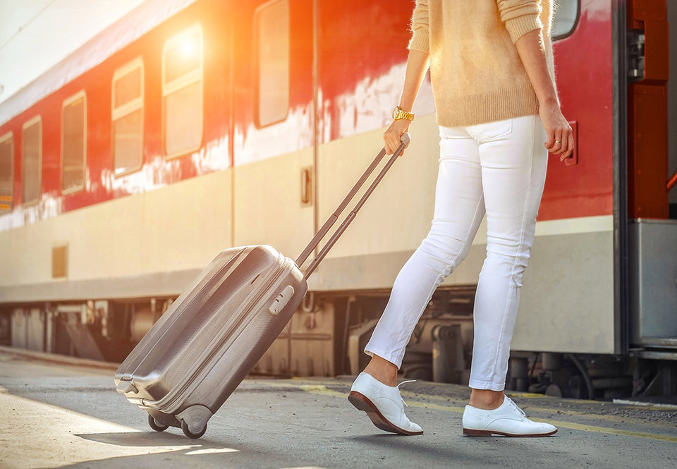 a traveler with her suitcase about to board a train