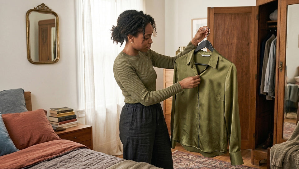 a woman in her bedroom examining her green silk shirt to check for thinning fabric and damage
