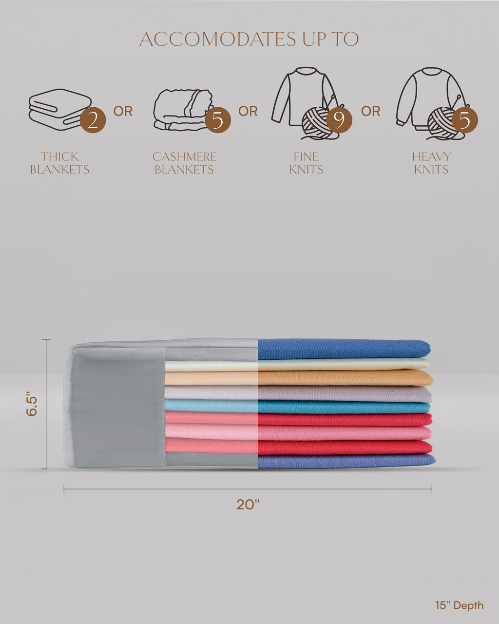 dimensions for a grey double extra large storage bag which is 6.5 inches high, 20 inches long on and 15 inches deep