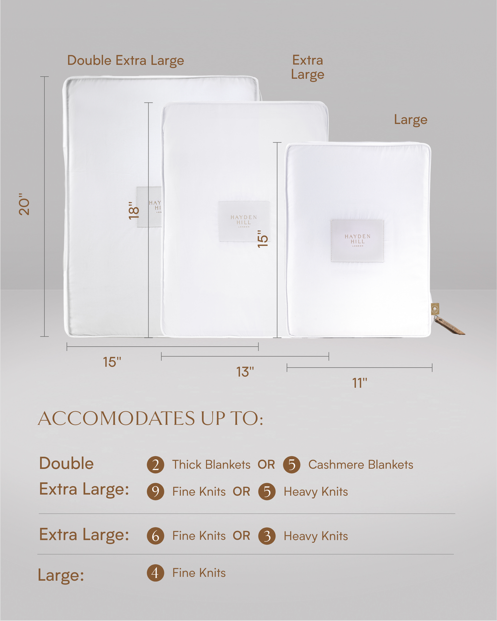 The dimensions of the three sizes of storage bags.  The double extra large is 20 inches long and 15 inches wide, the extra large is 18 inches long and 13 inches wide and the large is 15 inches long and 11 inches wide