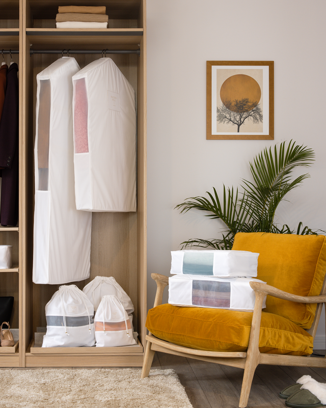 the signature set which comprises of a long and short hanging garment bag, a small, medium and large dust bag and a large and extra large storage bag