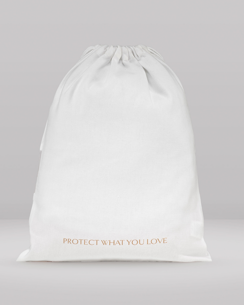 the rear view of a small dust bag showing the writing 'protect what you love'