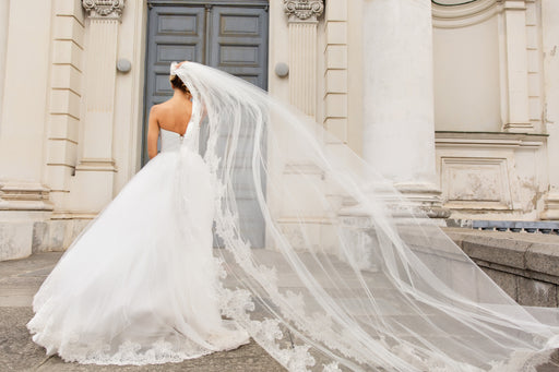 the back view of a bridge in a beautiful wedding dress and flowing veil