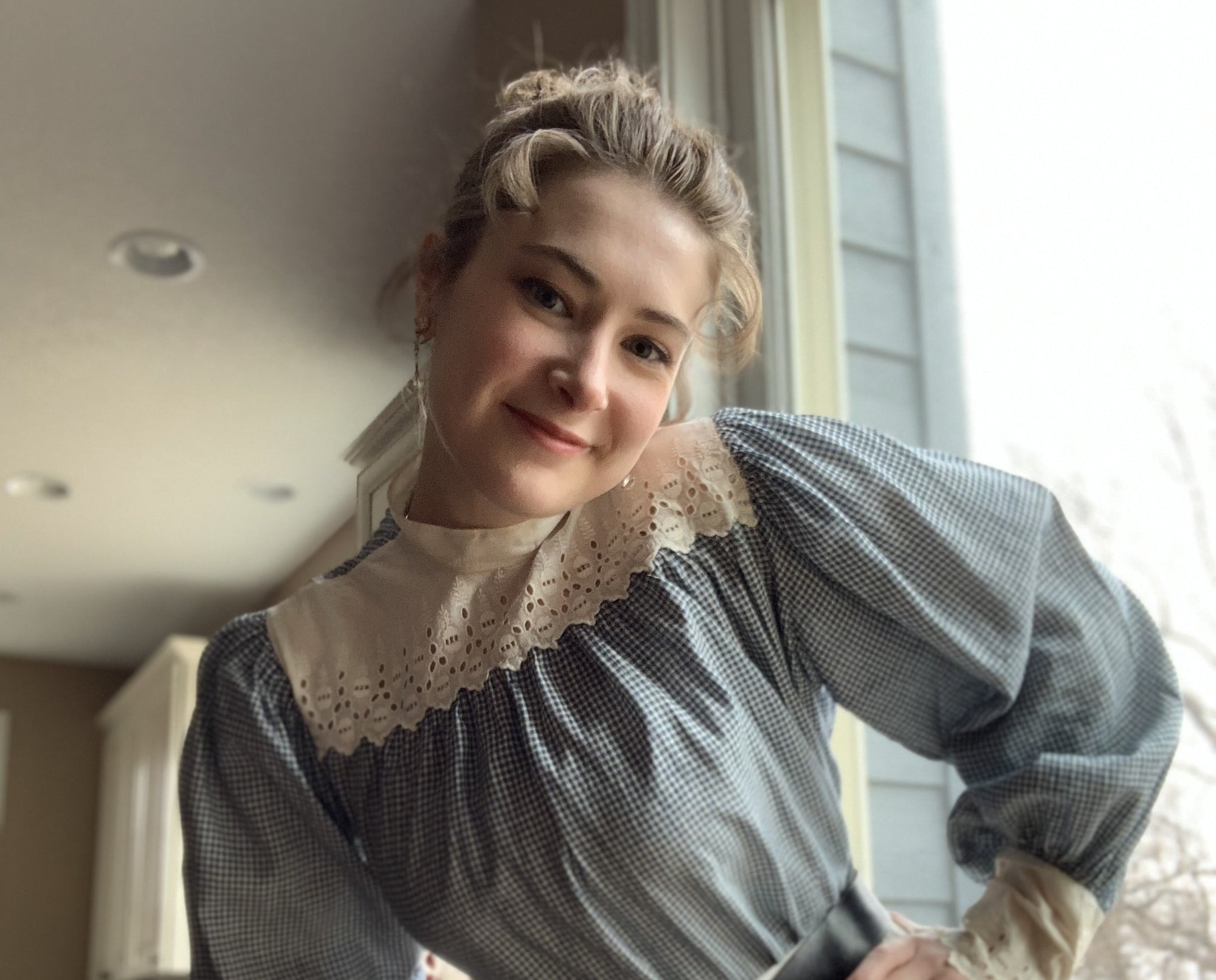 Gabi wearing a Victorian blouse