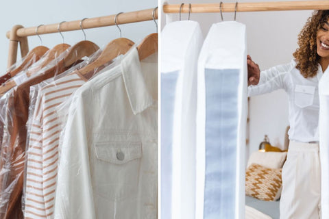 double image showing a clothing rail with one half clothes in plastic the other with clothes in breathable cotton bags