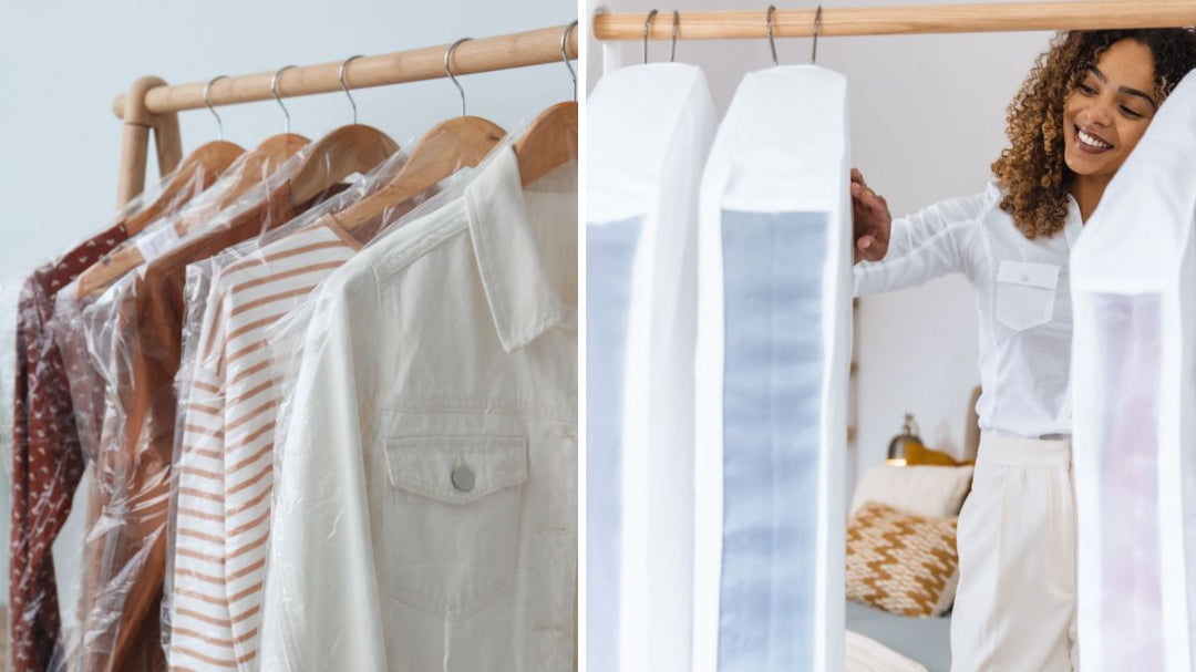 double image showing a clothing rail with one half clothes in plastic the other with clothes in breathable cotton bags