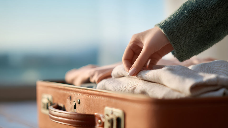 a close up of a pair of hands pressing clothing into a suitcase