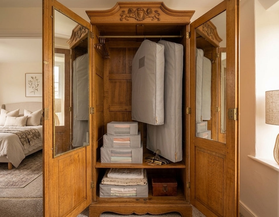 he inside of a beautiful wood closet showcasing the new Hayden Hill breathable storage and hanging bags
