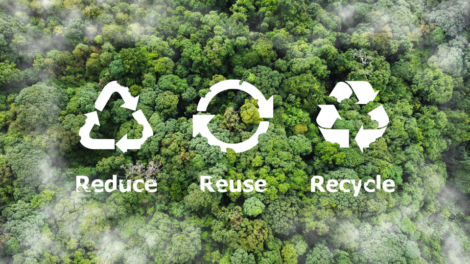 an aerial image of a forest with the  message and symbols for ‘Reduce, Reuse, Recycle’