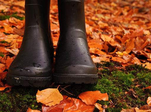 a close up of rain boots standing in copper colored leaves