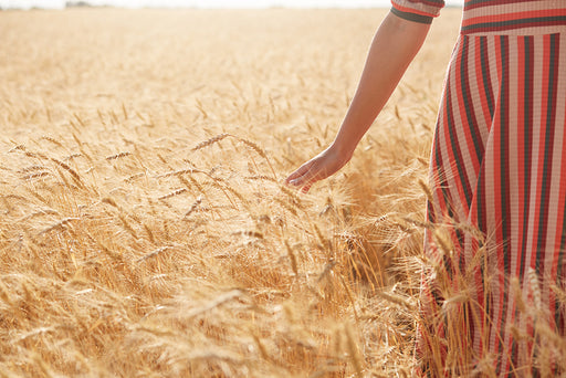 a cropped image of a woman wearing a striped dress walking in a wheat field