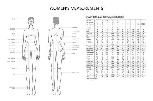 a size chart giving standard body measurements in centimeters