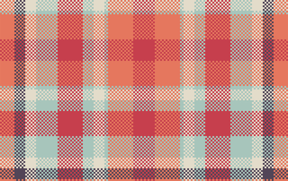 a swatch of Madras tartan material in apricot, turquoise, red, white and black