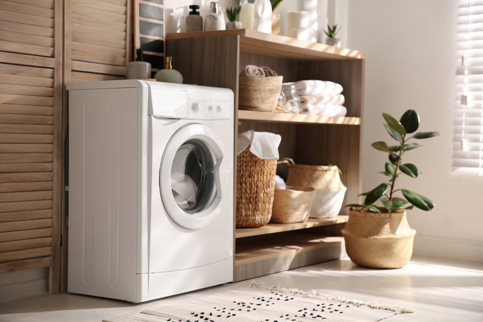 a washing machine in a laundry room