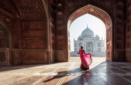 a woman dressed in a bright pink sari, with a view of the Taj Mahal in the background