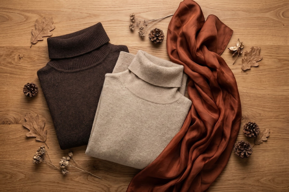 a chocolate and a beige coloured roll-neck sweater lying next to a silk scarf