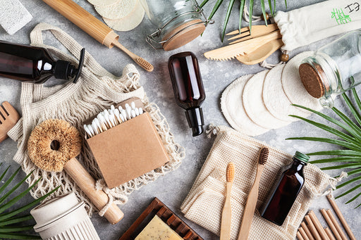 an array of plastic-free products, including bamboo cutlery, toothbrushes and eco-friendly cotton swabs