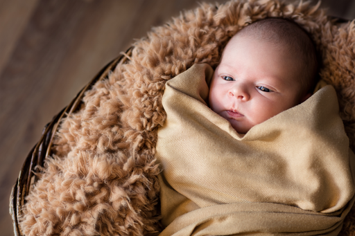 a baby wrapped in a cashmere blanket lying on a fur throw