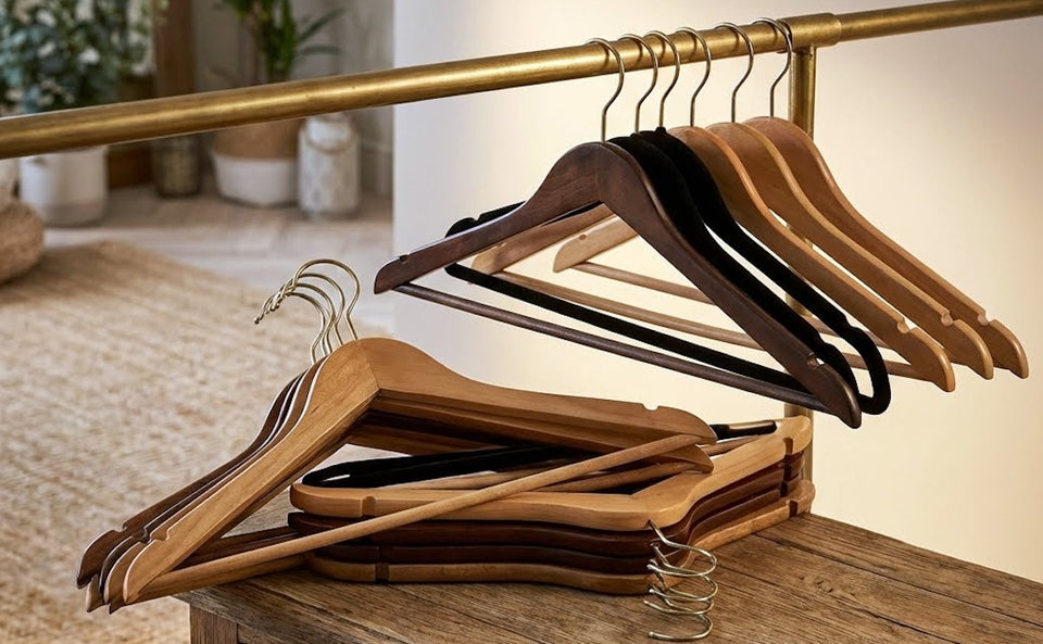 a selection of wooden contoured hangers