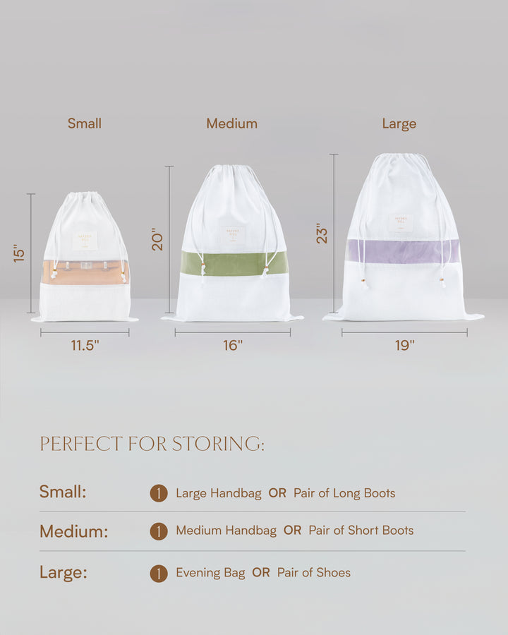 the dimensions of the dust bags: small are 15 inches long and 11.5 inches wide, medium are 20 inches long and 16 inches wide, and large are 23 inches long and 19 inches wide