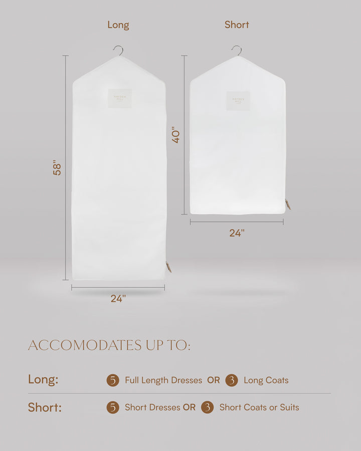the dimensions of the long hanging garment bag which is 58 inches long and 24 inches wide and the short hanging garment bag which is 40 inches long and 24 inches wide