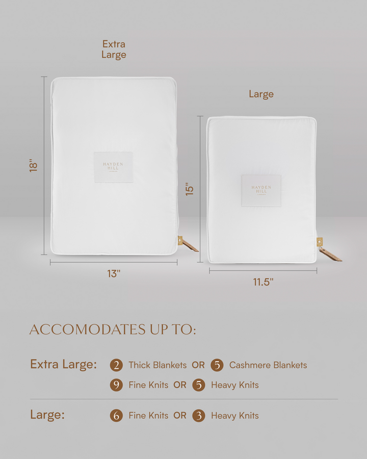 the dimensions of the Extra Large storage bag which is 18 inches long and 13 inches wide and the Large storage bag which is 15 inches long and 11.5 inches wide