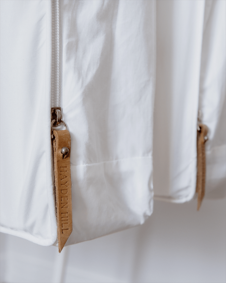 a close up of the leather zipper pulls on hanging garment bags