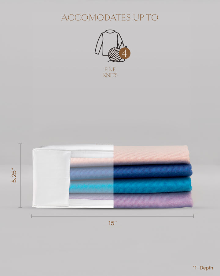 the front view of the large storage bag organza panel with clothes inside and dimensions which are 5.25 inches wide,15 inches long and 11 inches deep