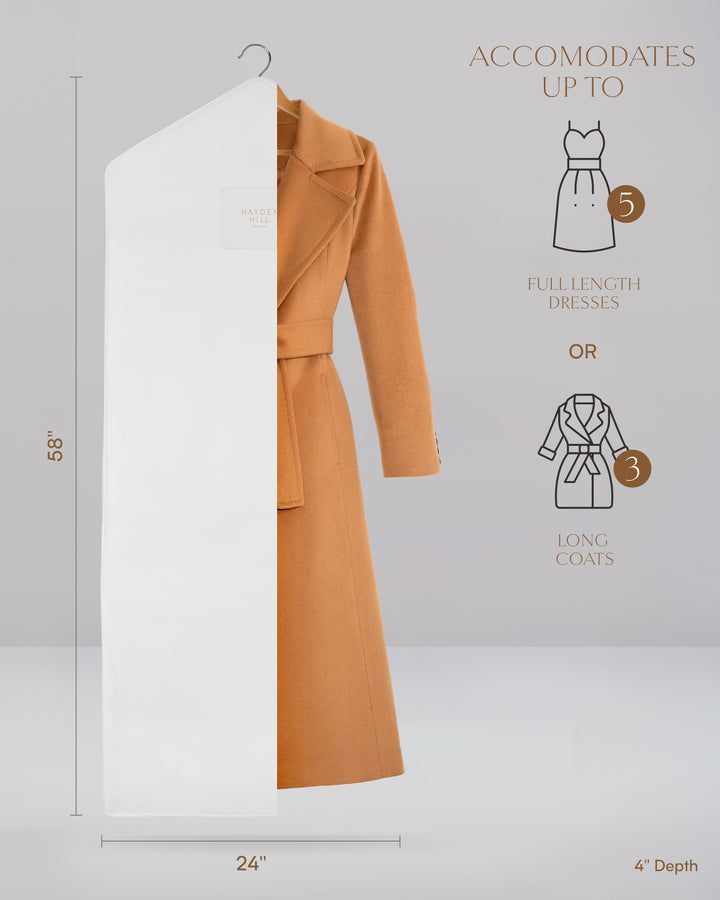 front view of the long hanging garment bag which are 58 inches long,24 inches wide and 4 inches deep and will take up to 5 full length dresses or 3 long coats