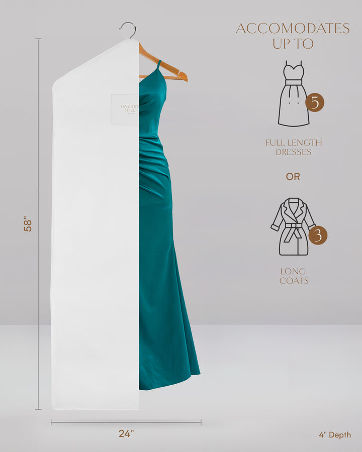 the front view of the long hanging garment bag with the dimensions which are 58 inches long and 24 inches wide and 4 inches deep and will take up to 5 full length dresses or 3 long coats