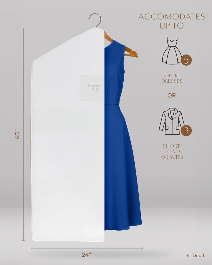 front view and dimensions of the short hanging garment bag which are 40 inches long and 24 inches wide