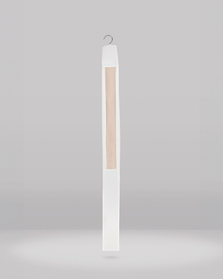 a side profile of a long hanging garment bag showing the organza panel
