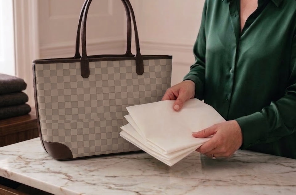  a woman holding some acid free tissue paper which will be used in her luxury leather hand bag to prevent humidity