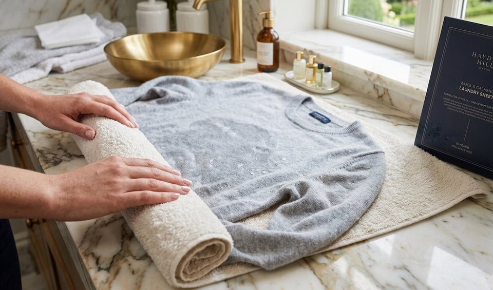 a washed gray cashmere sweater being rolled up in a clean towel to help absorb the excess moisture