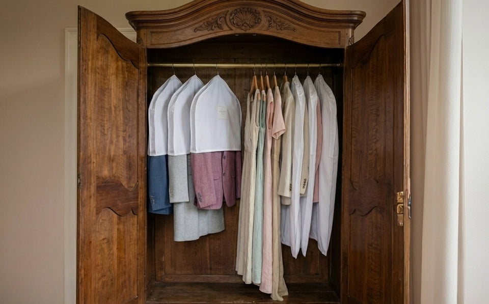 an organized seasonal closet display showing the transition to spring with breathable garment storage and contoured hangers